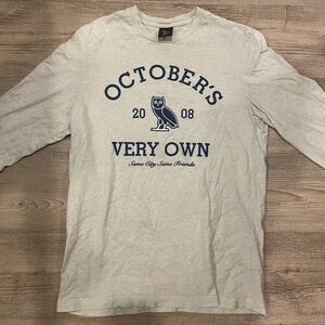 OVO Light Gray Long Sleeve Tee with Navy Print